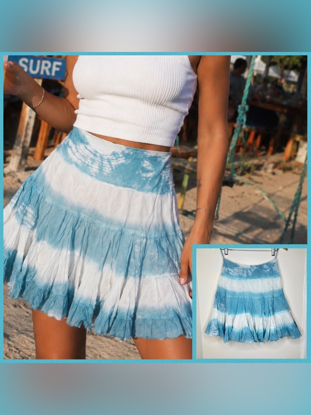 Chaudry Sport Boho Tie Dye skirt rough hem size small ruffle tiered blue White